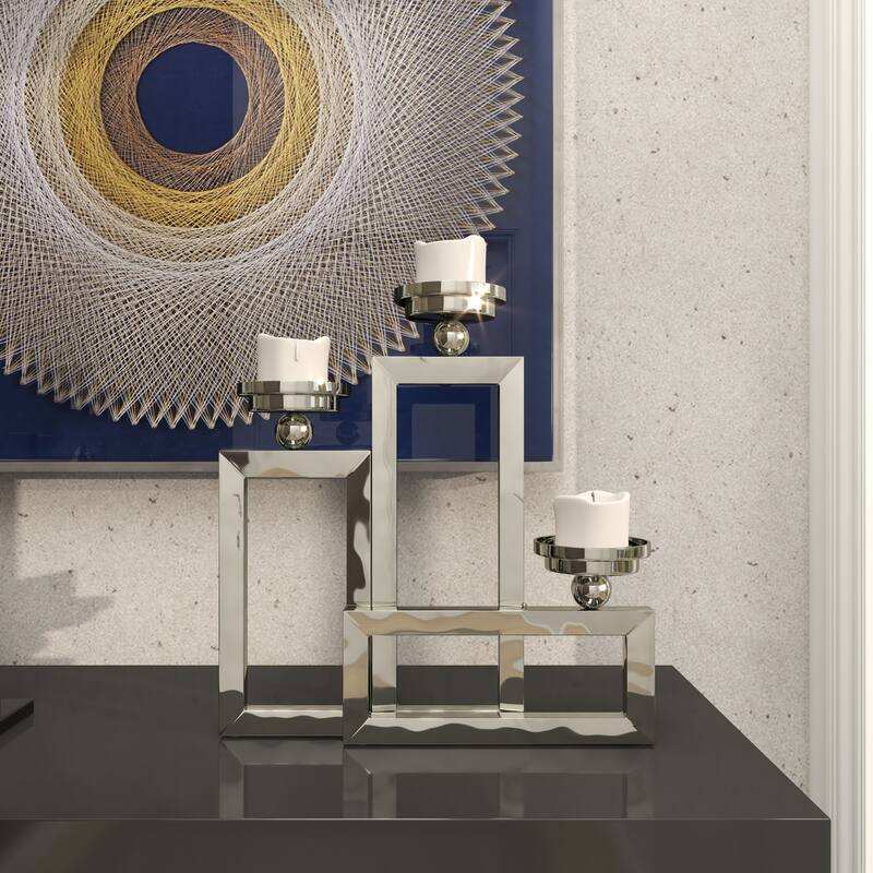 Stainless Steel Metal Geometric Open Frame Decorative Candelabra with Overlapping Rectangles - Silver - Roche River Decor