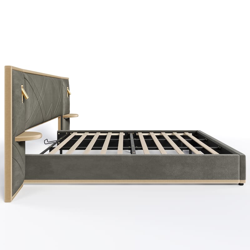 Christopher Knight Home - Voss Velvet Upholstered Bed with 2 Built-in LED Lights and 2 Storage Side Panels