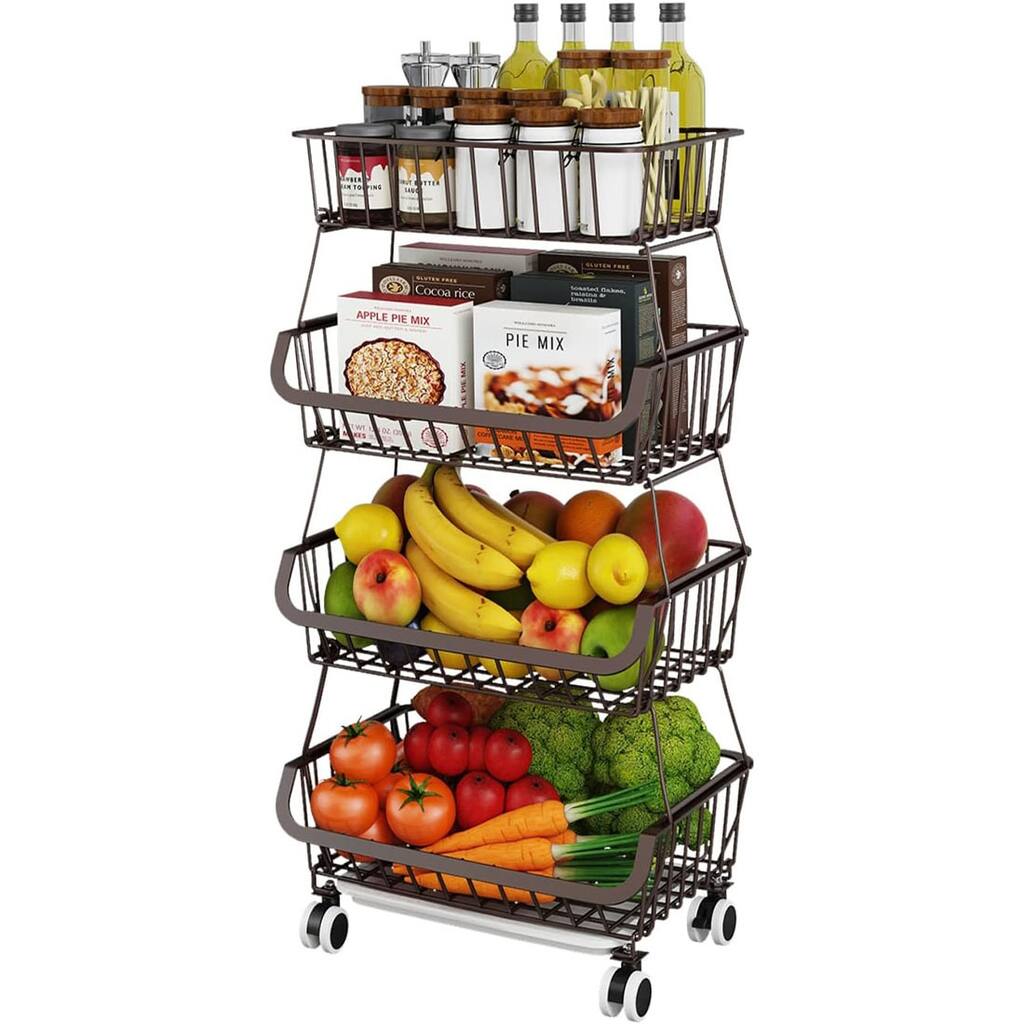 4 Tier Stackable Metal Wire Baskets Cart with Rolling Wheels