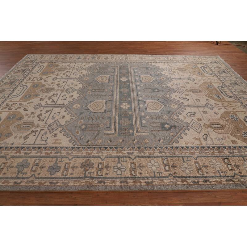 Geometric Khotan Indian Area Rug Hand-Knotted Beige Wool Carpet - 8'10" x 11'10"