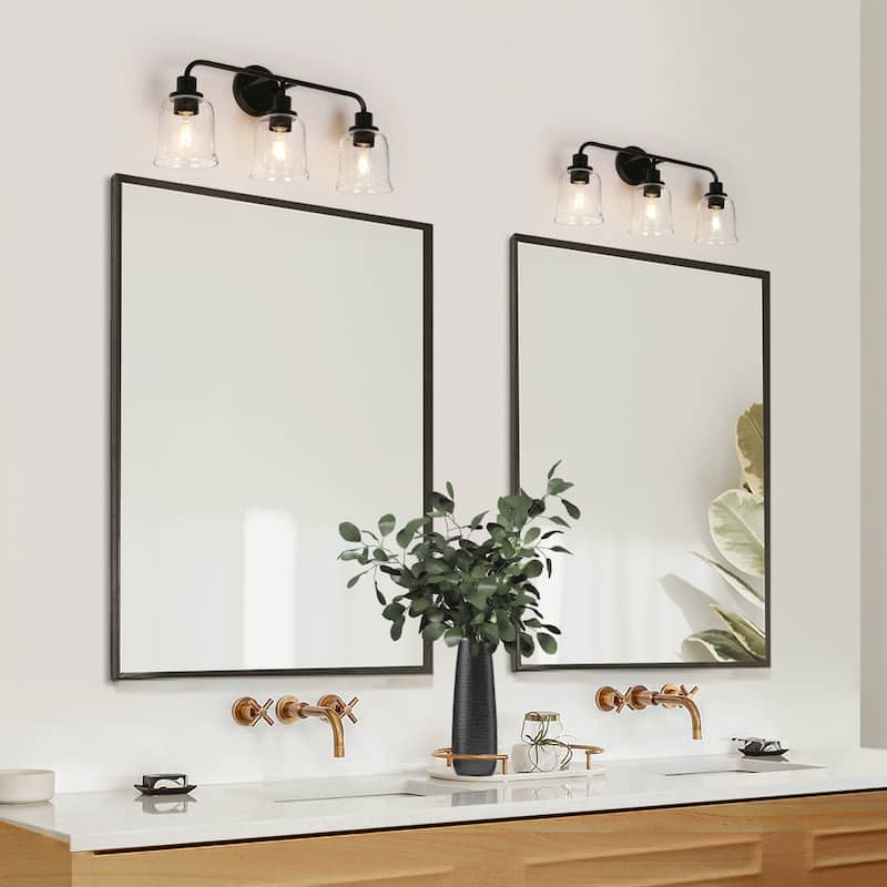 Modern Farmhouse Black 3-Light Linear Bathroom Vanity Light Glass Metal Wall Sconces - W 22.8" x L 10.8" x H 7.3"