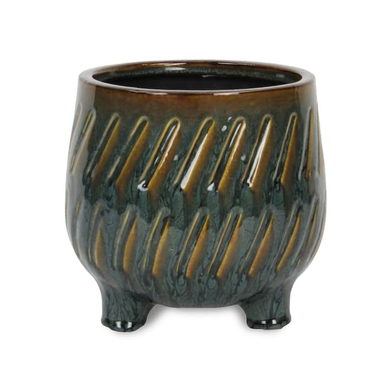Astrona Raised Round Dual Band Diagonal Patterned Ceramic Pot - Dark Copper - Large