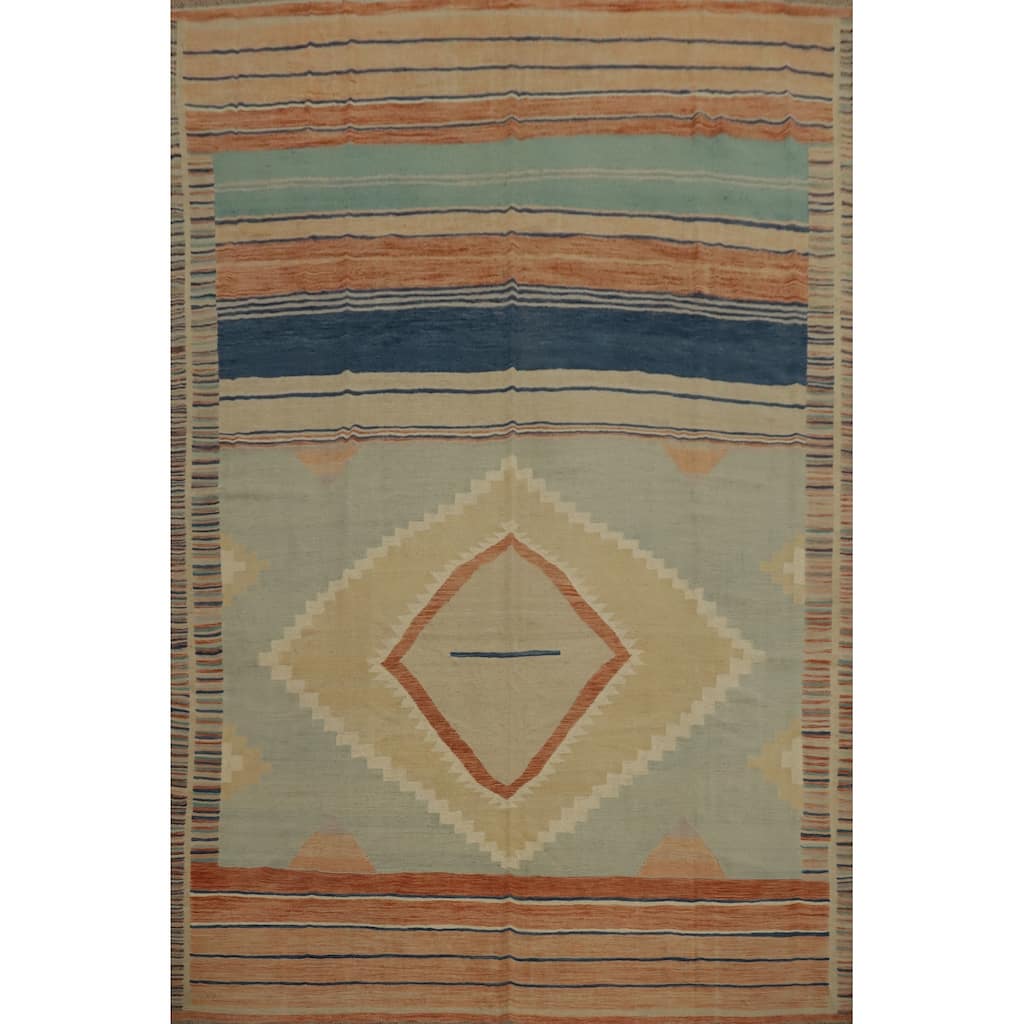 Hand Woven Oriental 100% Wool Carpet Southwestern Tribal Beige & Ivories Kilim Area Rug - 12' 10'' X 9' 10''