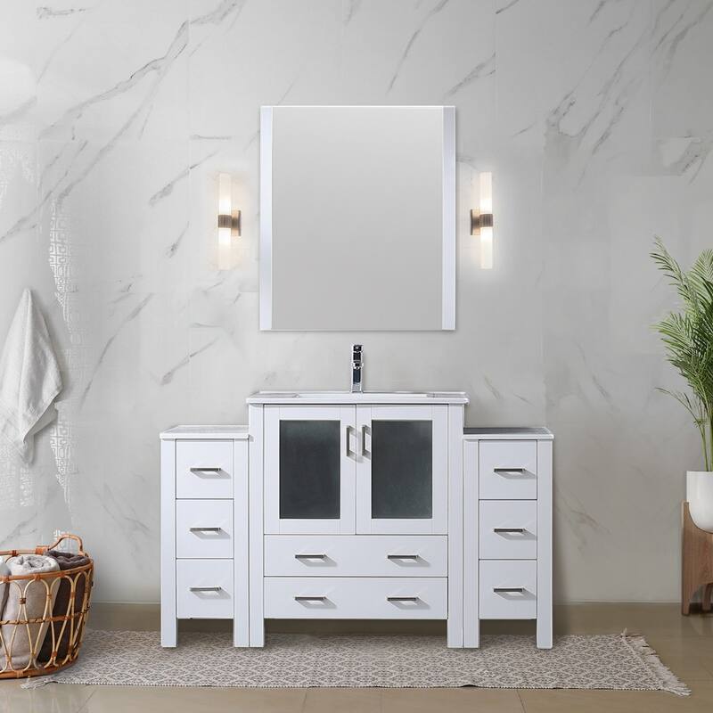 Volez 54 in W x 18.25 in D Dark Grey Bath Vanity with Side Cabinets, Faucet Set, White Ceramic Top, and 28 in Mirror