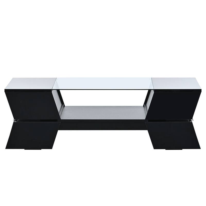 Glass-Top Coffee Table with Open Storage Shelves and Cabinets, Rectangular Cocktail Table 2-Tier Center Table for Living Room