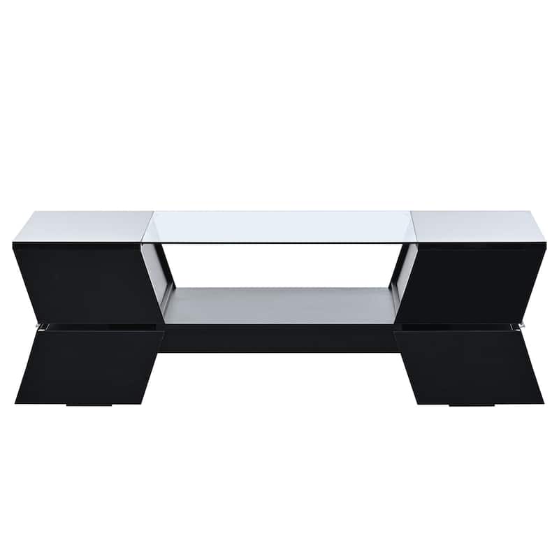 Roomfitters Glass-Top Coffee Table with Open Shelves and Cabinets, Modern 2-Tier Center Table with Storage for Living Room