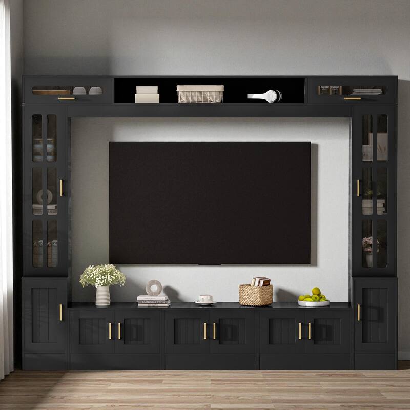 98.4'' Wall Unit Entertainment Center for TVs up to 80'', Modern Media Console with Bookshelves, Glass Doors & Cabinets - Black