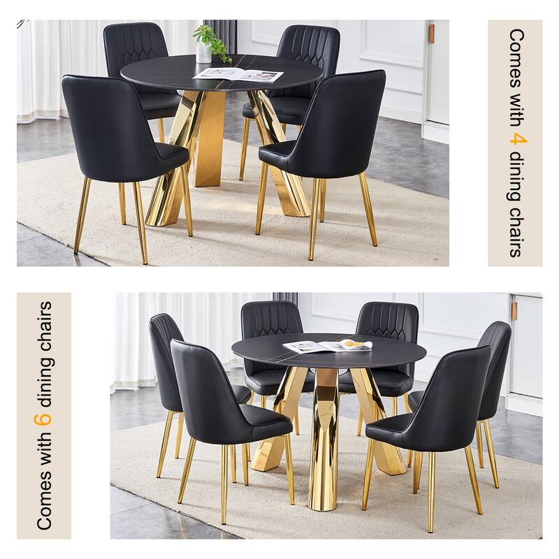 Roomfitters 42" Round Granite Dining Table with Gold-Plated Legs, Sintered Stone Top, Seats 4 tto 6, Black