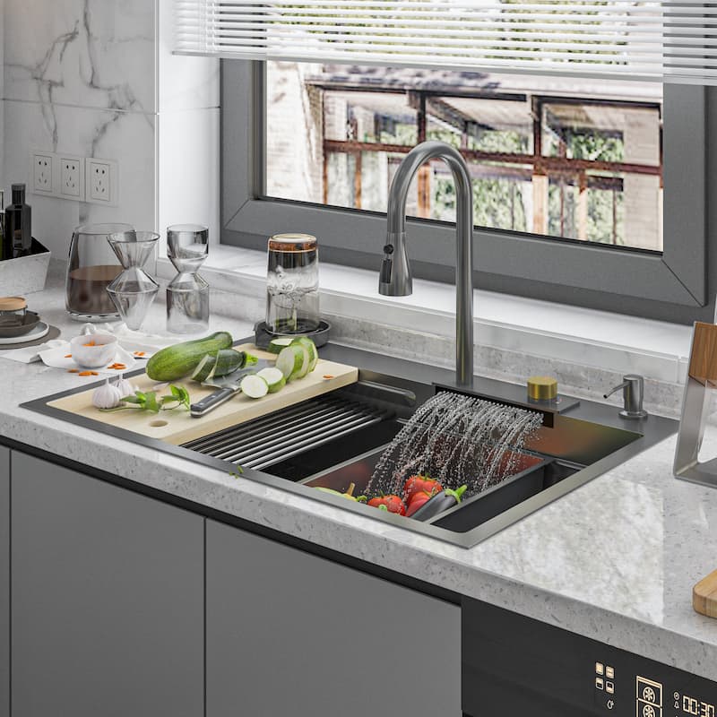 All-in-One Stainless Steel 33.2 in. Bowl Kitchen Workstation Sink