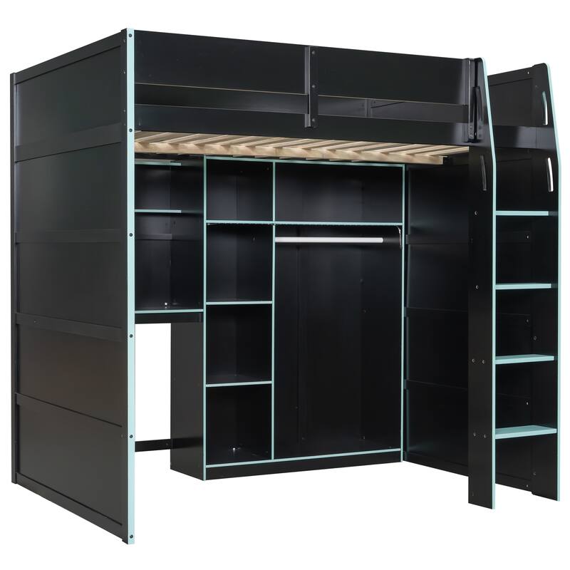 Full Size Loft Bed with Desk, RGB Lighting, Open Wardrobe, and Ample Storage