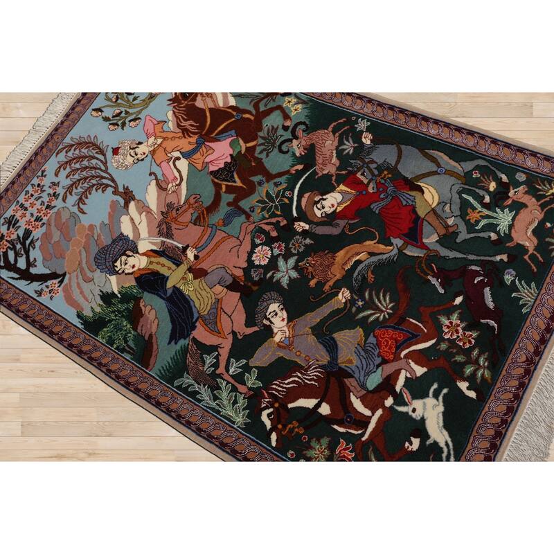 3x4'3'' Hand Knotted Wool &Silk Green Traditional 600 KPSI Are Rug - 3' x 4' 3''