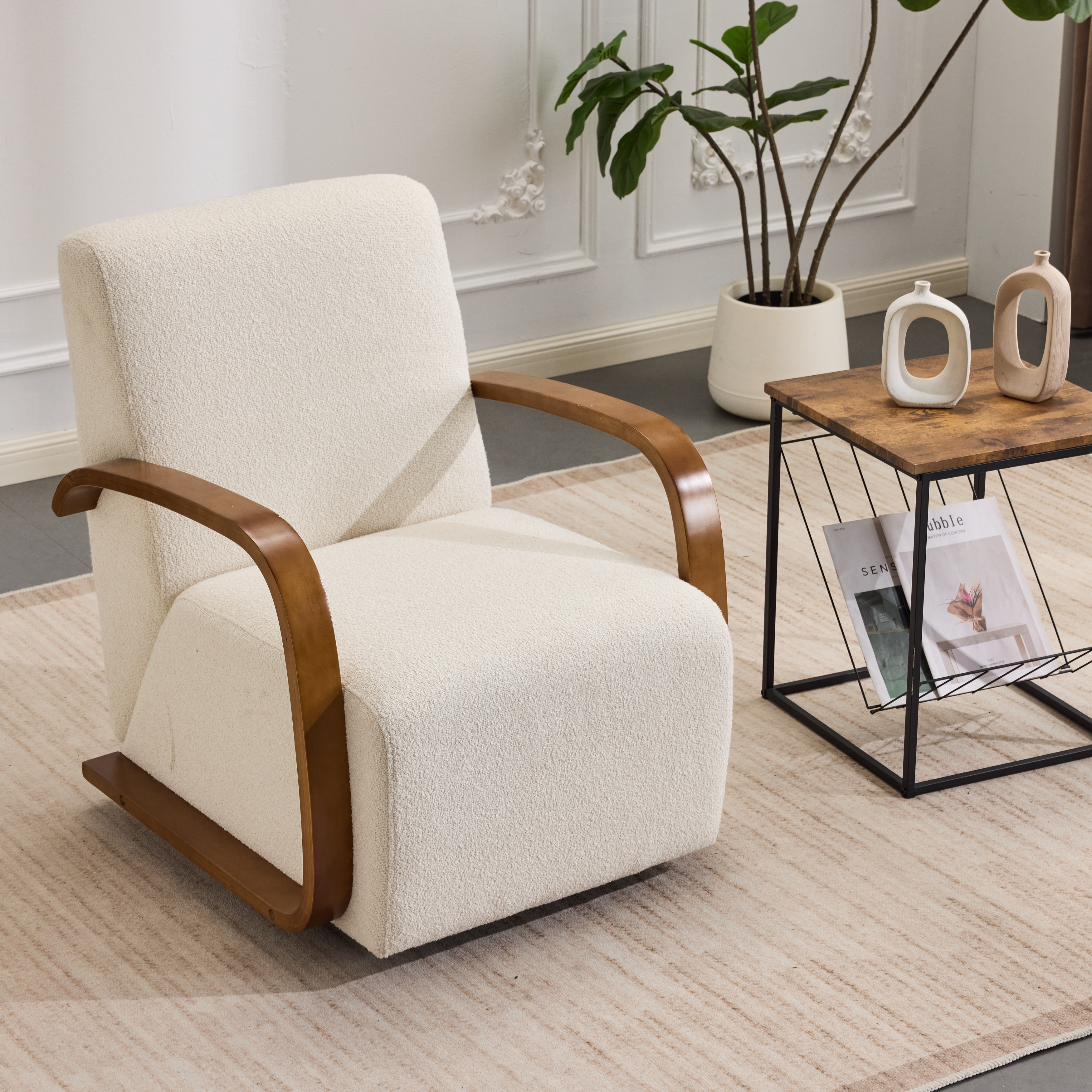 Upholstered Chair Swivel Chair Accent Chair with Wood Armrests, Side Chair Dressing Chair Vanity Chair
