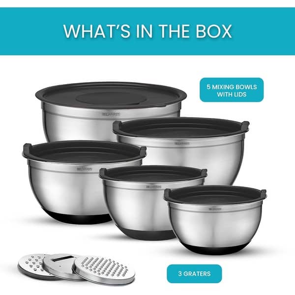 Belwares 5-Piece Mixing Bowl Set - Stainless Steel Nesting Bowls with Lids and Graters - Non-Slip Base (Black) - Black