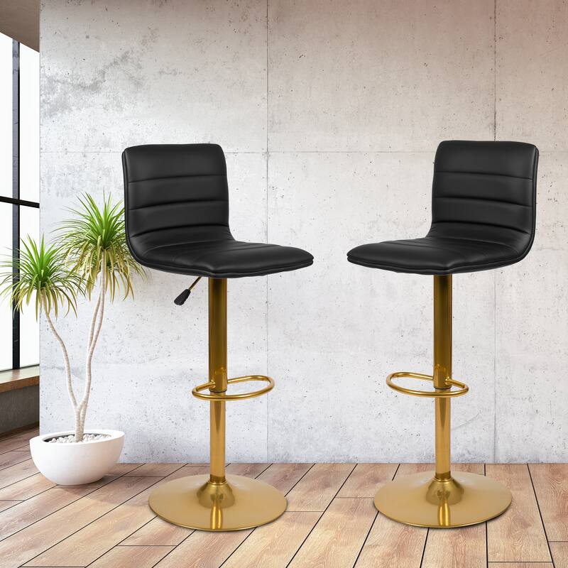 Modern Vinyl Channel Tufted Adjustable Height Barstool (Set of 2) - 16"W x 19"D x 35" - 44"H - 16"W x 19"D x 35" - 44"H - Black/Gold