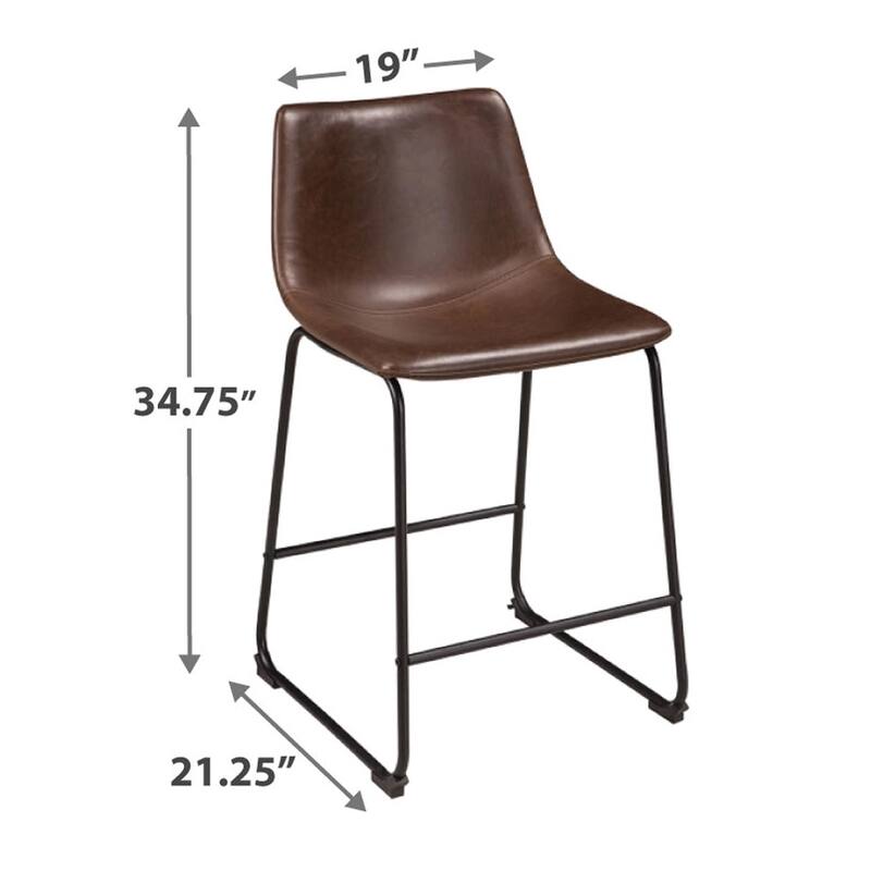Tia Counter Height Chair Set of 2, Brown Faux Leather, Bucket Seat
