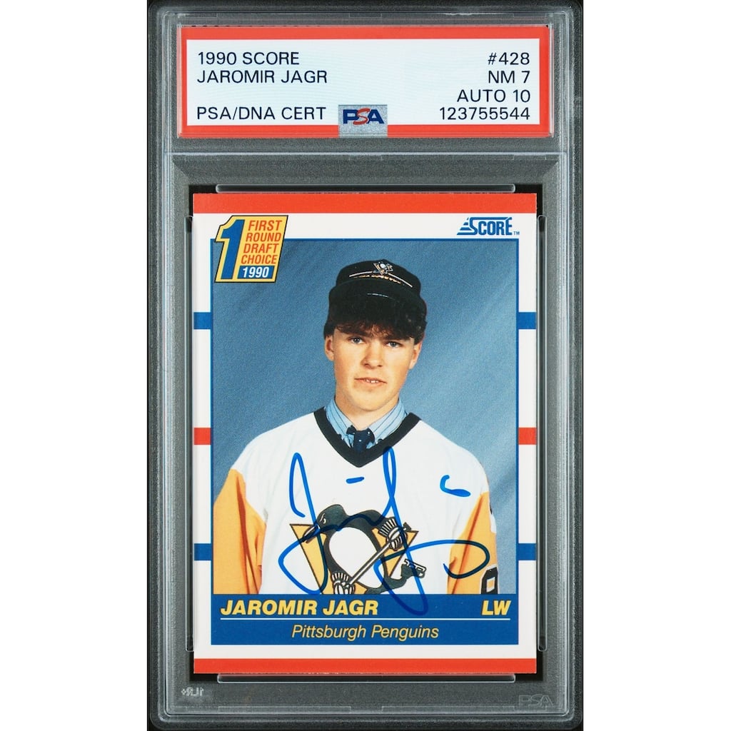 Jaromir Jagr 1990 Score Signed Hockey Rookie Card #428 Graded PSA 7 Auto 10 Cert # 123755544 - 8' x 11'