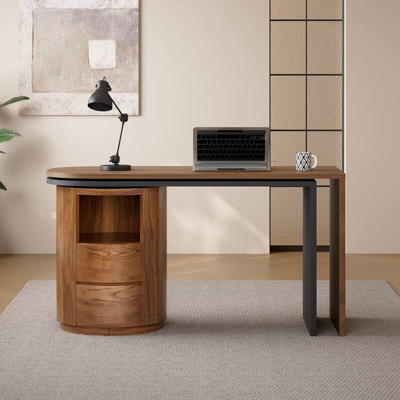59"L Shaped Desk in Walnut with 2 Drawers,Open storage,360°Wood Rotating Desk,Executive Office Desk,Office Study Workstation