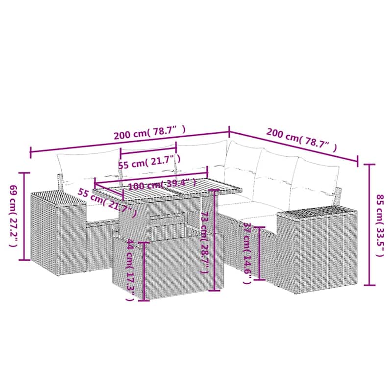 vidaXL Patio Sofa Set with Cushions Outdoor Furniture 6 Piece Poly Rattan - 24.4 x 24.4 x 27.2