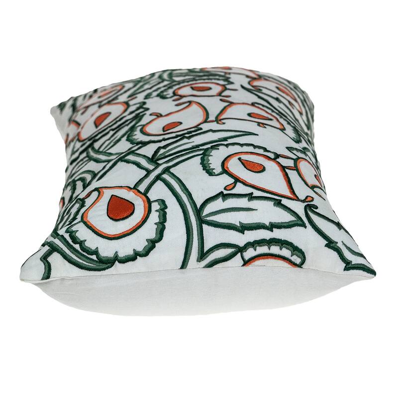 14" X 24" Green and White Cotton Lumbar Throw Pillow with Embroidery