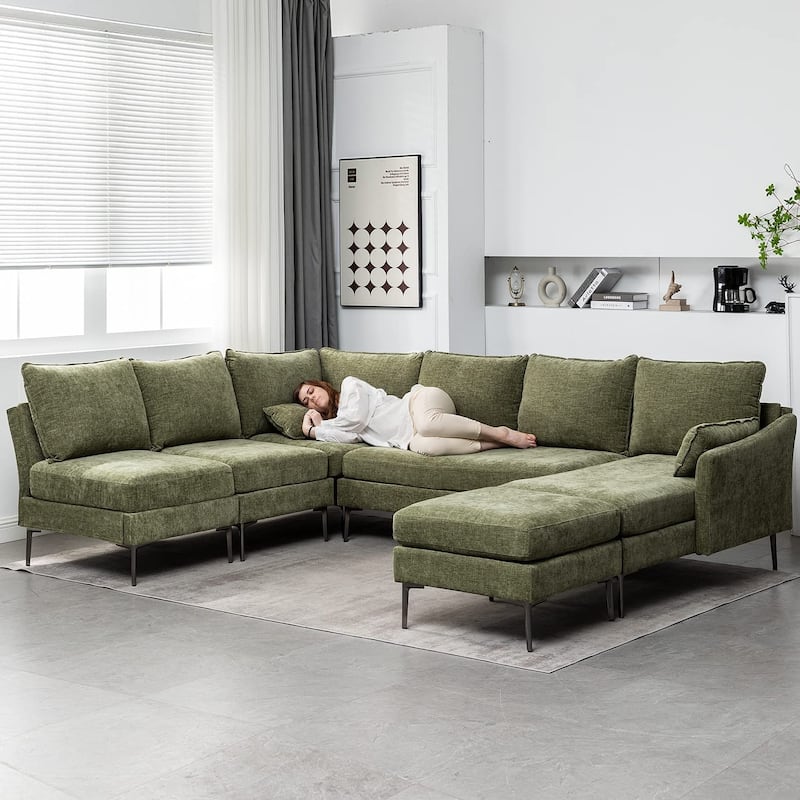 EROMMY U Shaped 6-seat Sectional Sofa Couch, Reversible Sleeper in Modern Chenille Design, with Chaise Lounge and Ottoman - Green - Reversible