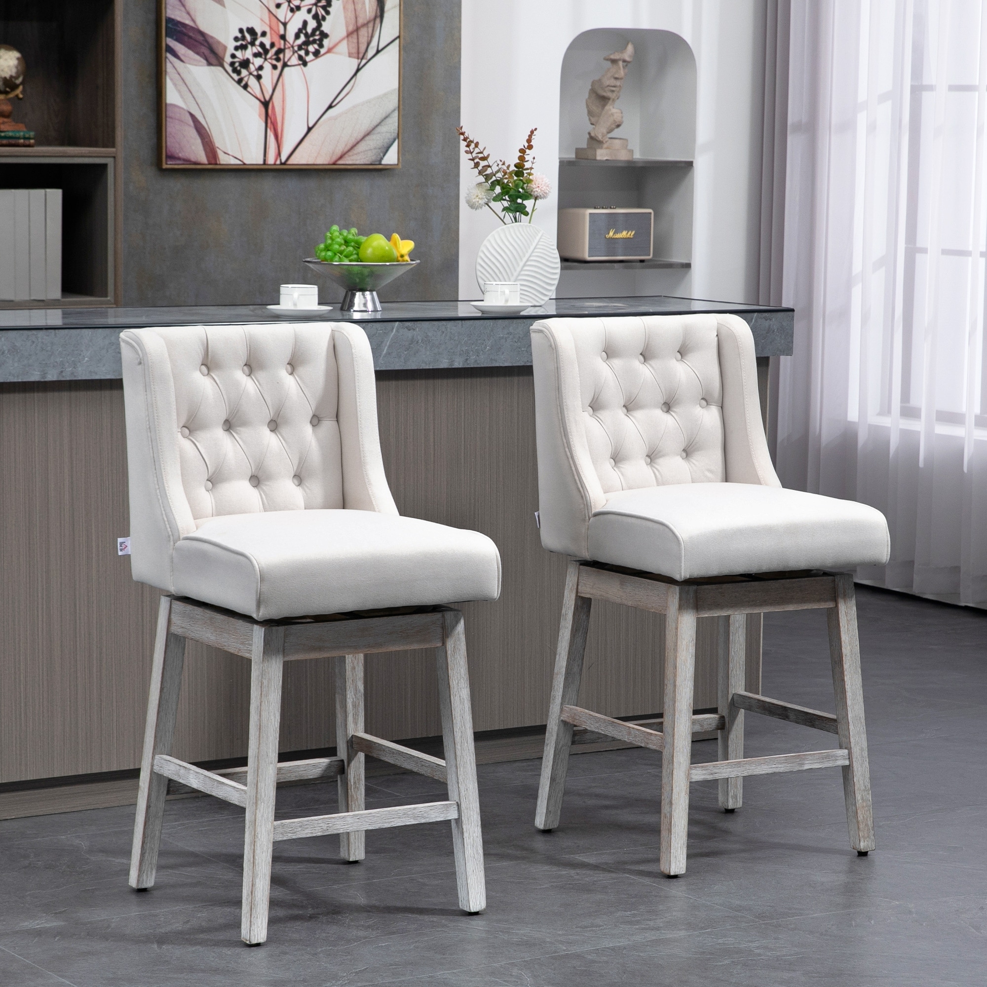 Counter Height Bar Stools Set of 2, 27" Linen Fabric Upholstered Dining Chairs,180 Degree Swivel for Kitchen