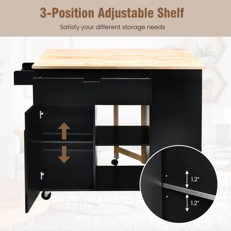 Drop-Leaf Kitchen Island with Rubber Wood Top - 49" x 30" x 36"(L x W x H)