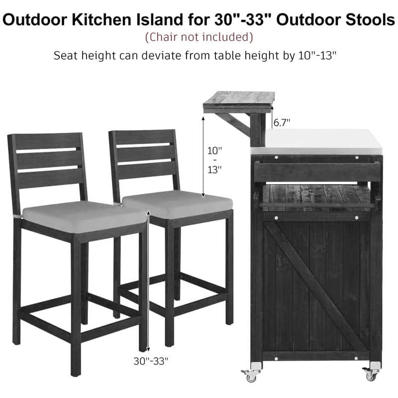 Outdoor Kitchen Island, Solid Wood Storage Cabinet with Stainless Steel Top and Lockable Wheels