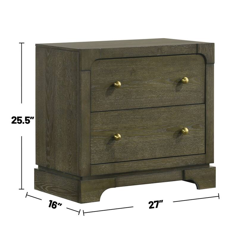 2 Drawers Wooden Nightstand with Brass Knobs in Dark Cocoa