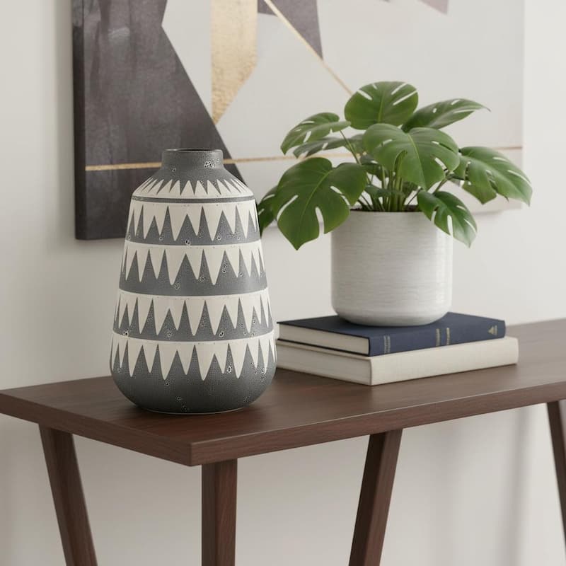 Gray and Ivory Triangle Pattern Ceramic Vase