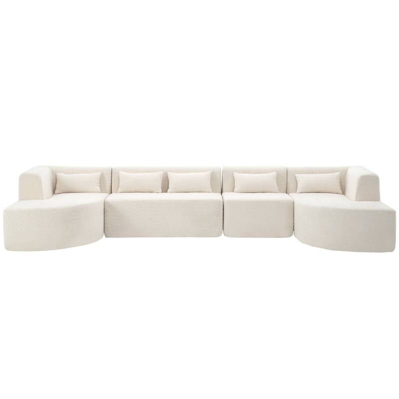 143.7" Polyester Upholstered Sectional Sofa, Two Chaise Lounges with Five Back Pillows