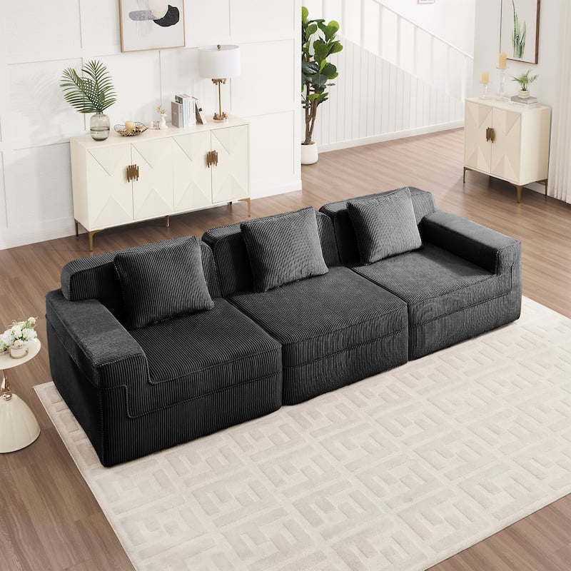 GDFStudio - Modular 3-Seater 117.3" Corduroy Boneless Cloud Sofa - Black