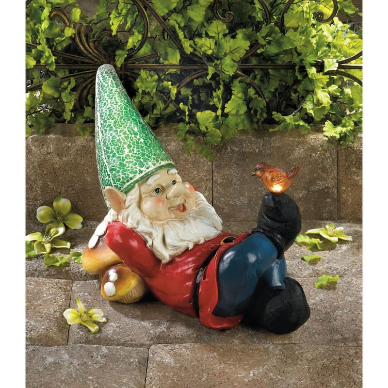 Lazy Gnome Solar Lighted Outdoor Garden Statue - 11.75" - Red and Blue
