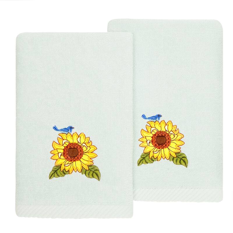 Authentic Hotel and Spa 100% Turkish Cotton Girasol 2PC Embellished Fingertip Towel Set - Aqua