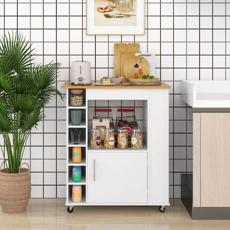 Kitchen Cart on Wheels with Bamboo Top and 6-Bottle Wine Rack-White - 30" x 17.5" x 35"