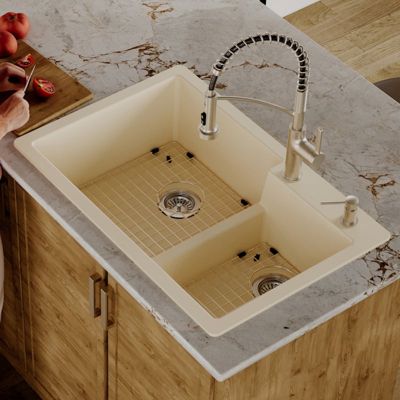 Karran 33" Top Mount Large/Small Bowl Quartz Kitchen Sink Kit - 33" x 22" x 9"