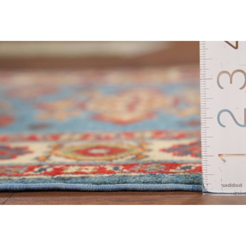 Light Blue Geometric Kazak Rug Hand-Knotted Oriental Wool Carpet - 2'8" x 3'11"