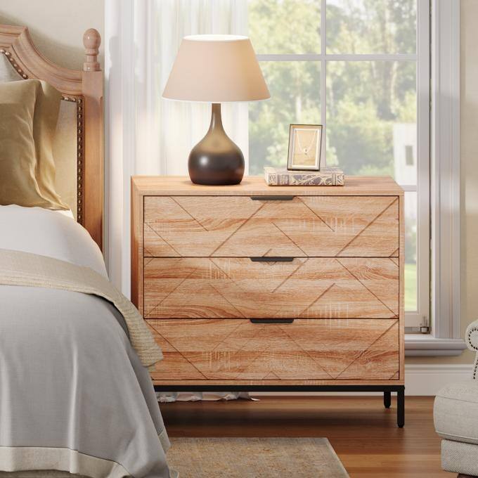 Modern Nightstand with 3 Drawers, Wooden Bed Side Table for Bedroom