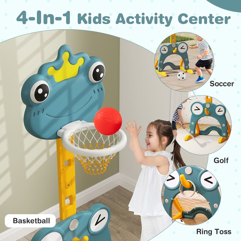 Green HDPE 4-in-1 Kids Sports Center with Adjustable Basketball Hoop and Toys - 21.5" L x 20.5" W x 44.5"-58" H