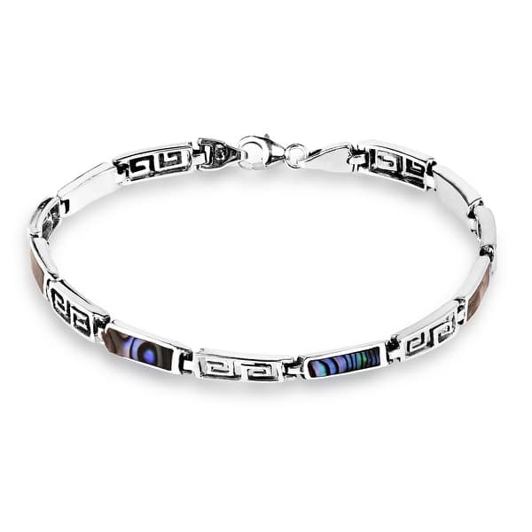 slide 1 of 20, Handmade Greek Key Stone Inlay Sterling Silver Bracelet (Thailand)