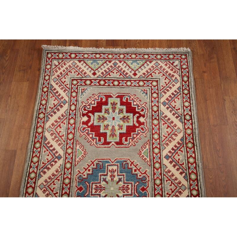 Gray Kazak Oriental Runner Rug Hand-Knotted Hallway Wool Carpet - 2'6" x 20'0"