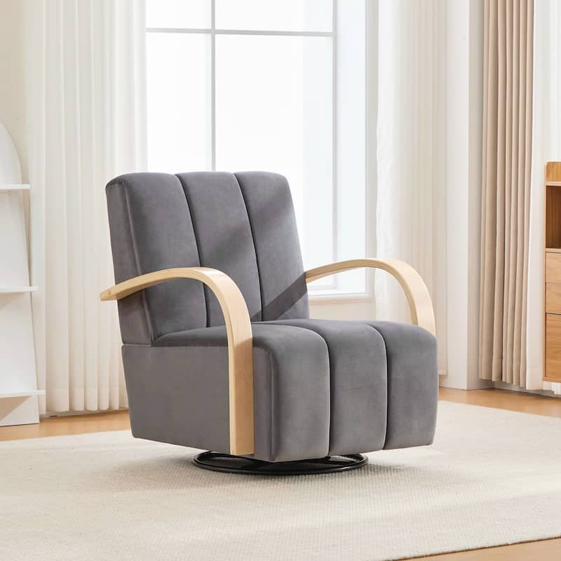 Modern Upholstered 360° Swivel Accent Chair with Solid Wood Armrests and Comfy Lounge Reading Chair, Single Sofa Armchair - Charcoal