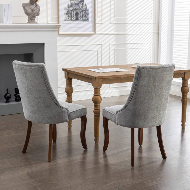 Linen Dining Chairs with Curved Solid Wood Legs (Set of 2)