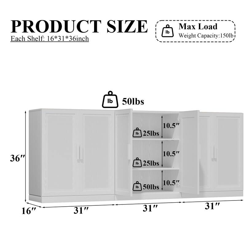 3-Set Rattan Door Sideboard Buffet Storage Cabinets with Adjustable Shelves - 93"Lx36"H
