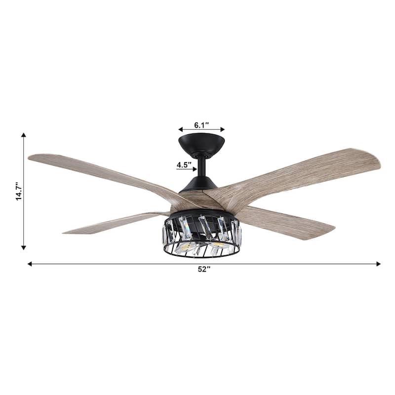 52-inch Matte Black Modern Crystal LED Chandelier Ceiling Fan with Downrod and Remote