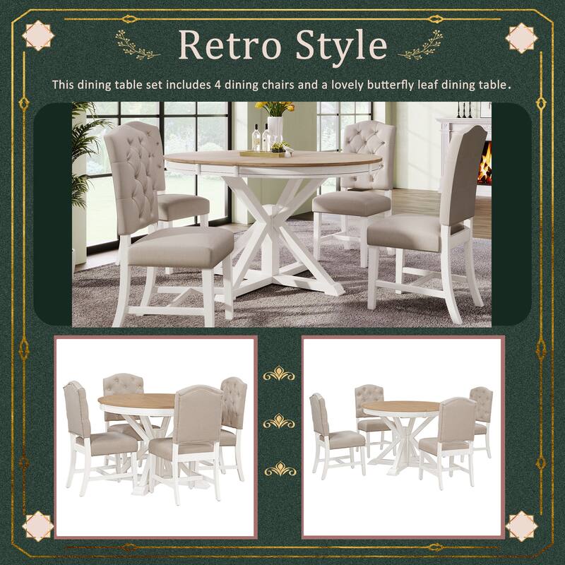 Oak Natural Wood + Off White 5-Piece Wooden Dining Table Set with Extendable Round Table & 4 Chairs