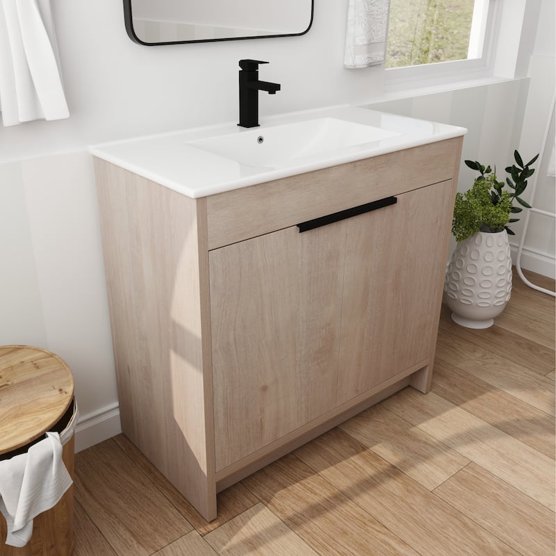 36 Inch Freestanding Bathroom Vanity with White Ceramic Sink,2 Soft-Close Cabinet Doors