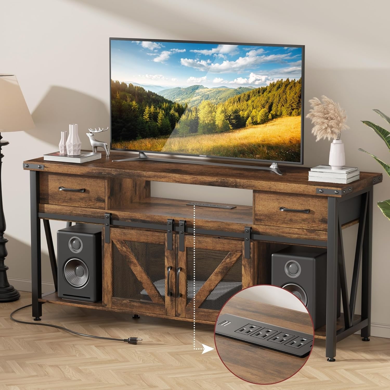 63" Wide Rustic Brown TV Stand with Power Outlets and Storage for Living Room