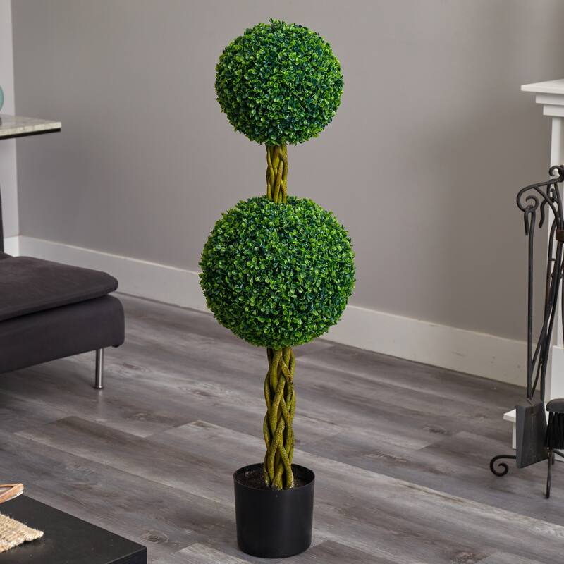 Modern Topiary Tree 4ft - Artificial Double Ball Tree Indoor Outdoor Decor - Green - 51-60 Inches