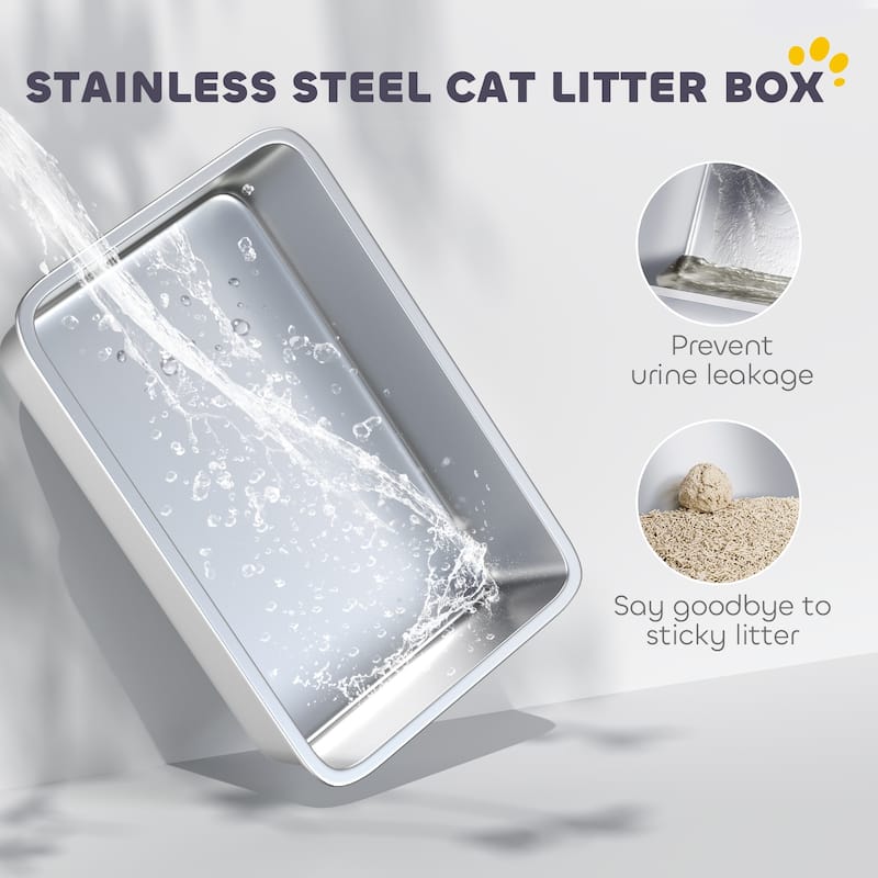 PawHut Stainless Steel Cat Litter Box, Extra Large 2 in 1 Kitty Litter Box with Removable Lid & Scoop, Filter Bags, White