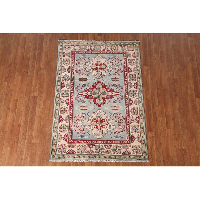 Light Blue Kazak Area Rug Handmade Wool Carpet - 4'0" x 5'11"